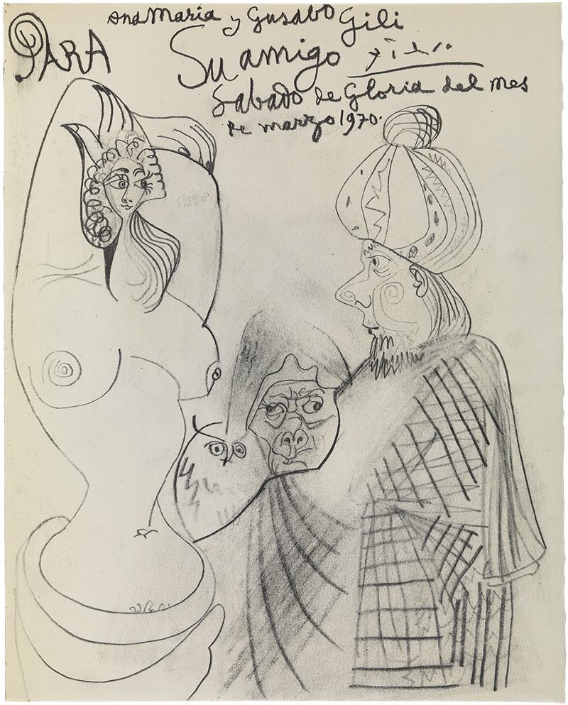 Dedicatòria que Picasso va fer al llibre «Jacint Reventós i Conti i diversos autors, Recordant el Doctor Reventós (Homenatge dels seus amics)». Barcelona, Gustavo Gili, 1969. Exemplar núm. B - Pablo Picasso. La Celestina fent les presentacions, Mougins, 28 de març del 1970. Museu Picasso, Barcelona