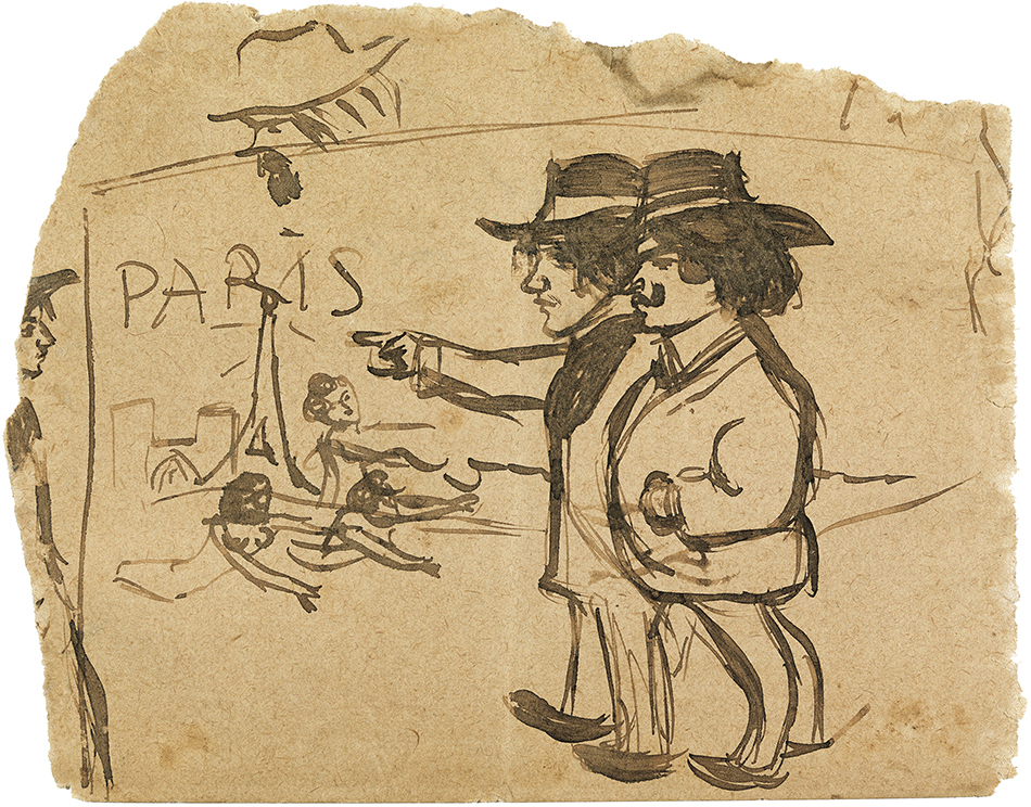 Pablo Picasso. 'Picasso i Manuel Pallarès contemplant la torre Eiffel'. Barcelona o París, 1900. Tinta sèpia a ploma sobre paper. 8,8 x 11,1 cm (irregular). Museu Picasso, Barcelona. Donació Pablo Picasso, 1970. MPB 110.996. Museu Picasso, Barcelona. Fotografia, Gasull Fotografia