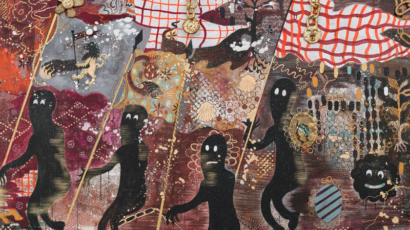 Hélène Delprat. «La bataille de San Romano camouflée», 2018. Pigment, paillettes et acrylique sur toile Pigment, glitter and acrylic on canvas. 245 x 950 cm. 96 1/2 x 374 1/8 inches. (HD0980). Courtesy of the artist and Galerie Christophe Gaillard. © Hélène Delprat, Adagp, Paris, 2020. © Photo : Rebecca Fanuele