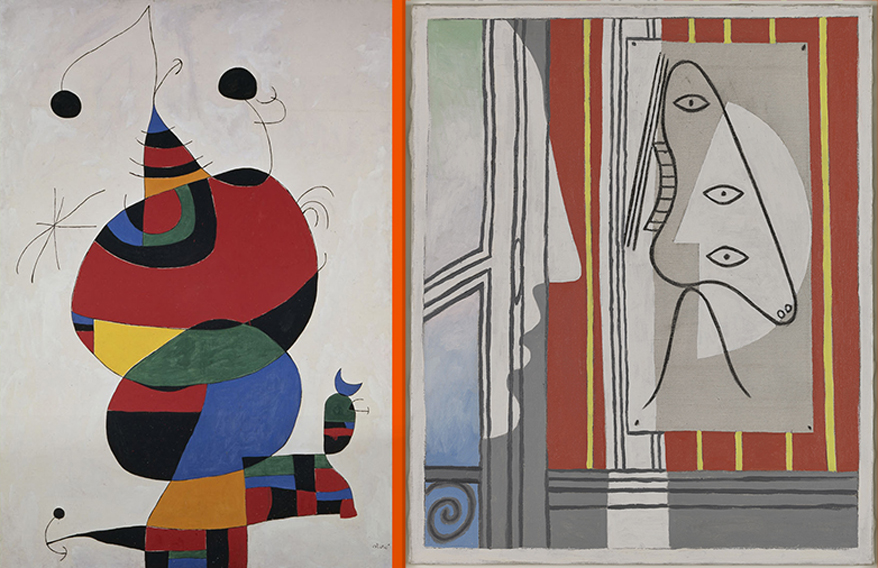  Joan Miró. "Dona, ocell, estrella (Homenatge a Pablo Picasso)", 1973. Museo Nacional Centro de Arte Reina Sofía © Successió Miró, 2023 / Pablo Picasso. "Figura i perfil", 1928. Musée national Picasso-Paris © Successió Pablo Picasso, VEGAP, Madrid, 2023