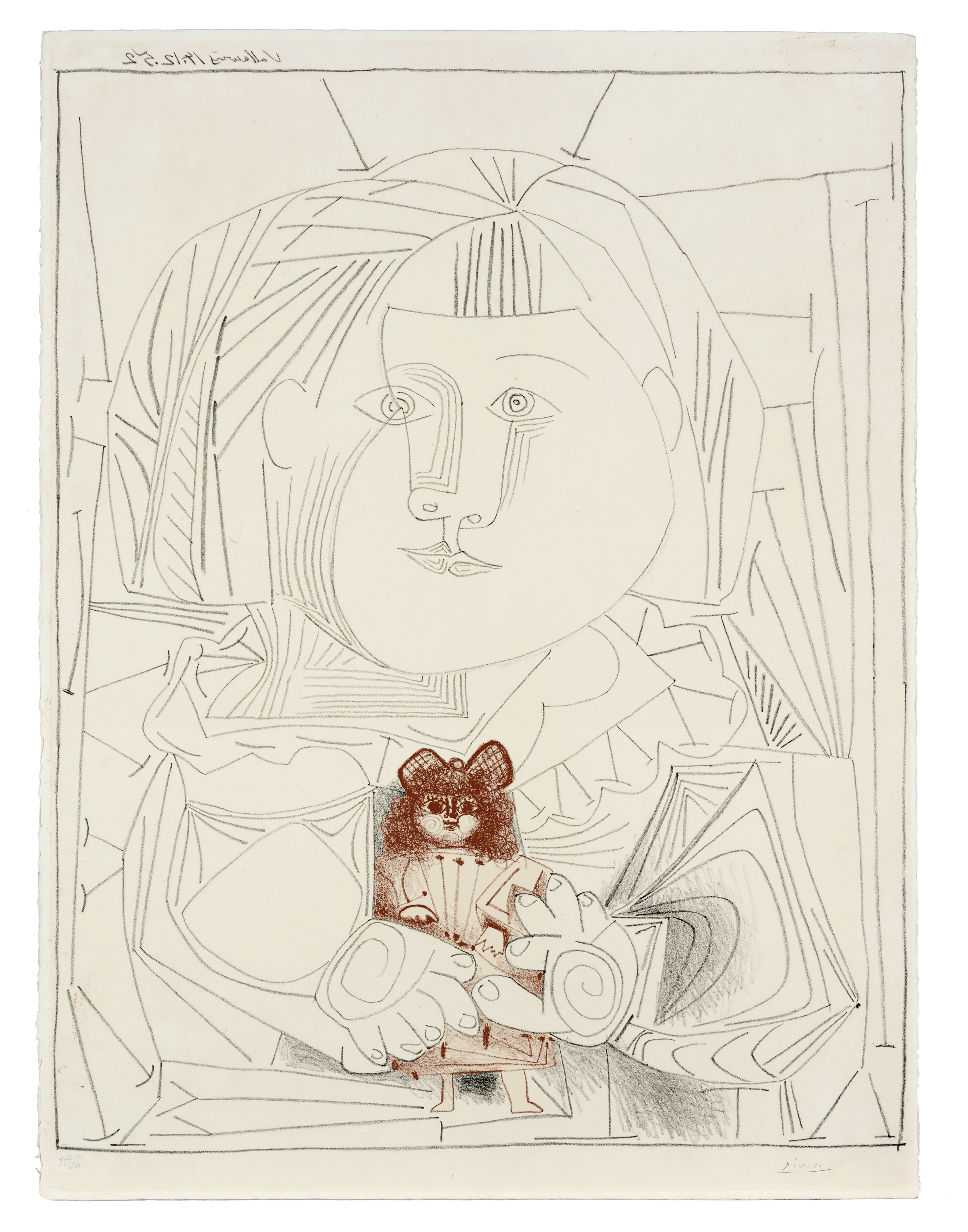 Pablo Picasso, Paloma i la seva nina sobre fons blanc, Vallauris (1952), litografia, 75 x 56,5 cm. © Successió Pablo Picasso, VEGAP, Madrid 2023. 