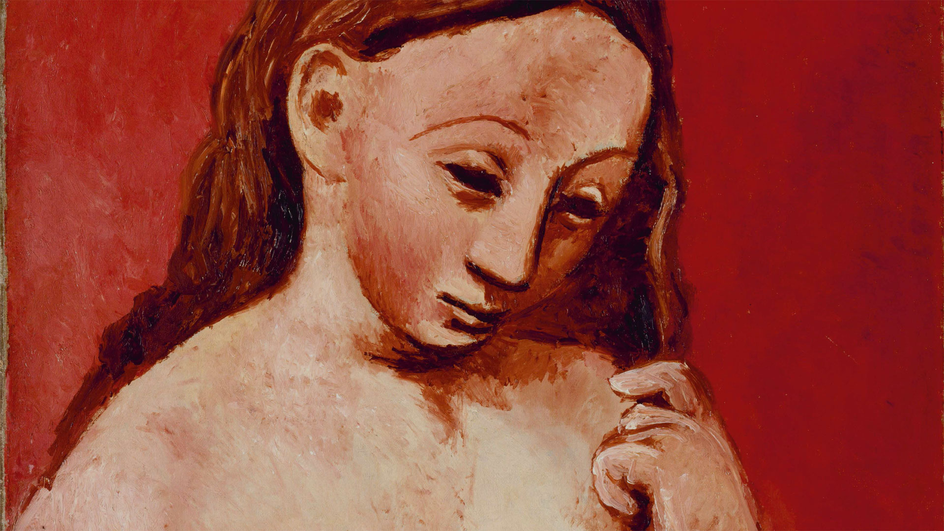 Pablo Picasso. "Nu sobre fons vermell". 1906. Oli sobre tela. 81x54 cm © RMN-Grand Palais (Musée de l'Orangerie) / Hervé Lewandowski © Successió Pablo Picasso, VEGAP, Madrid 2024