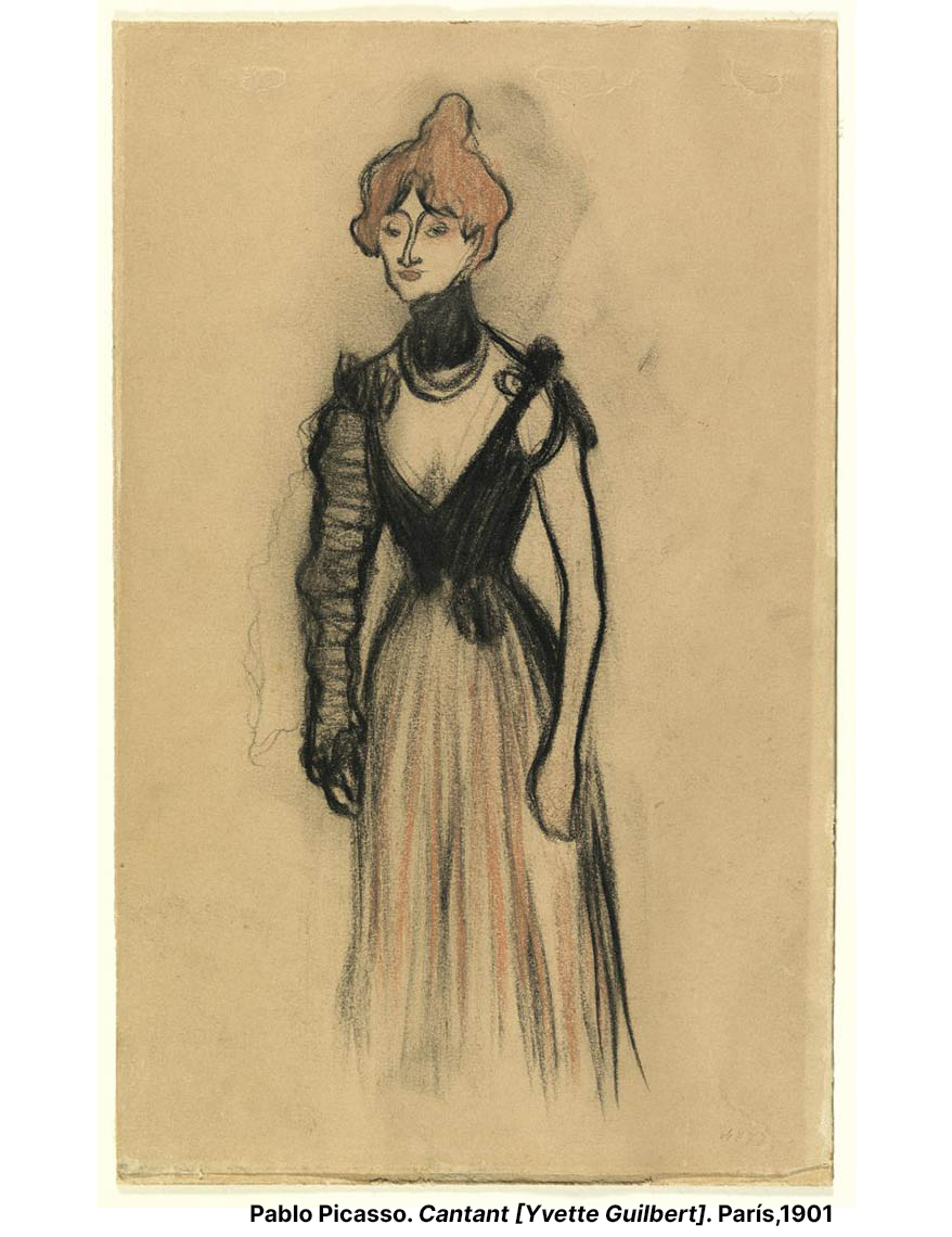 Pablo Picasso. "Cantant [Yvette Guilbert]". París, 1901. Carbonet i llapis de colors sobre paper. 21 cm x 12.5 cm. Compra Plandiura, 1932. MPB 4.777