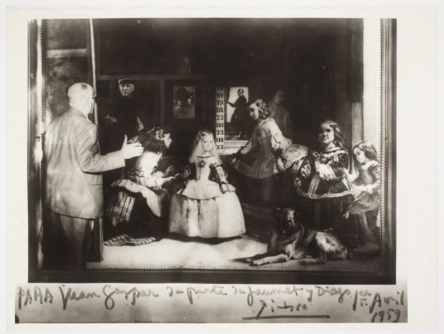 Reproducció del fotomuntatge Las Meninas, dedicat per Pablo Picasso a Joan Gaspar l’1 d’abril de 1959. c. 1955-1959 / Fotomuntatge: atribuït a Joan Vidal i Ventosa. Museu Picasso, Barcelona. Fondo Jaume Sabartés, compra 2008