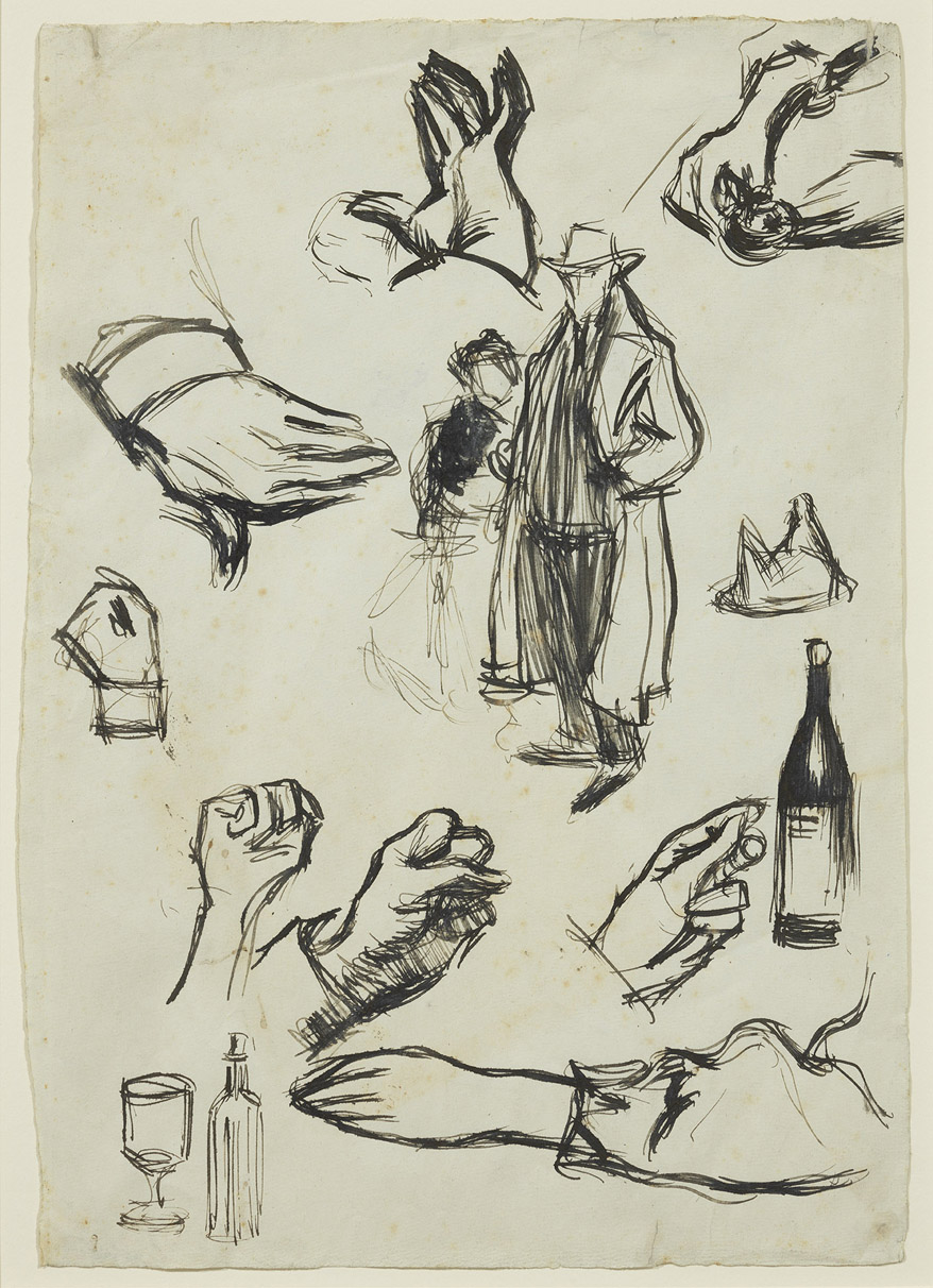 Pablo Picasso. "Croquis diversos". Barcelona. 1899. Tinta a ploma sobre paper. 33.8 cm x 24.1 cm. MPB 110.790