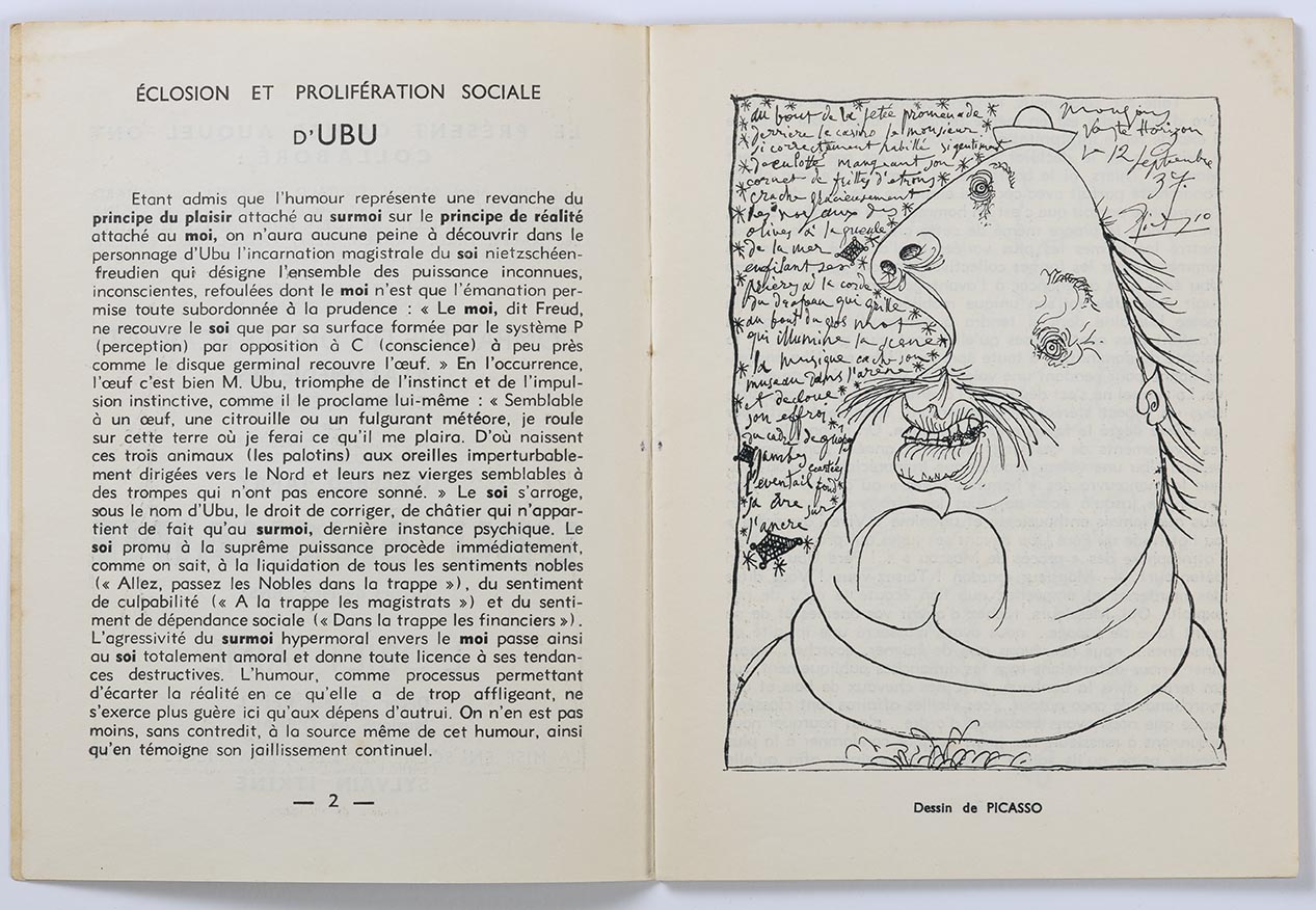 Pablo Picasso. "Père Ubu". Dins de l’opuscle editat per a la representació de dues obres d'Alfred Jarry: Ubu enchainé i L'objet aimé. París, 1937. Col·lecció particular © Successió Pablo Picasso, VEGAP, Madrid 2025