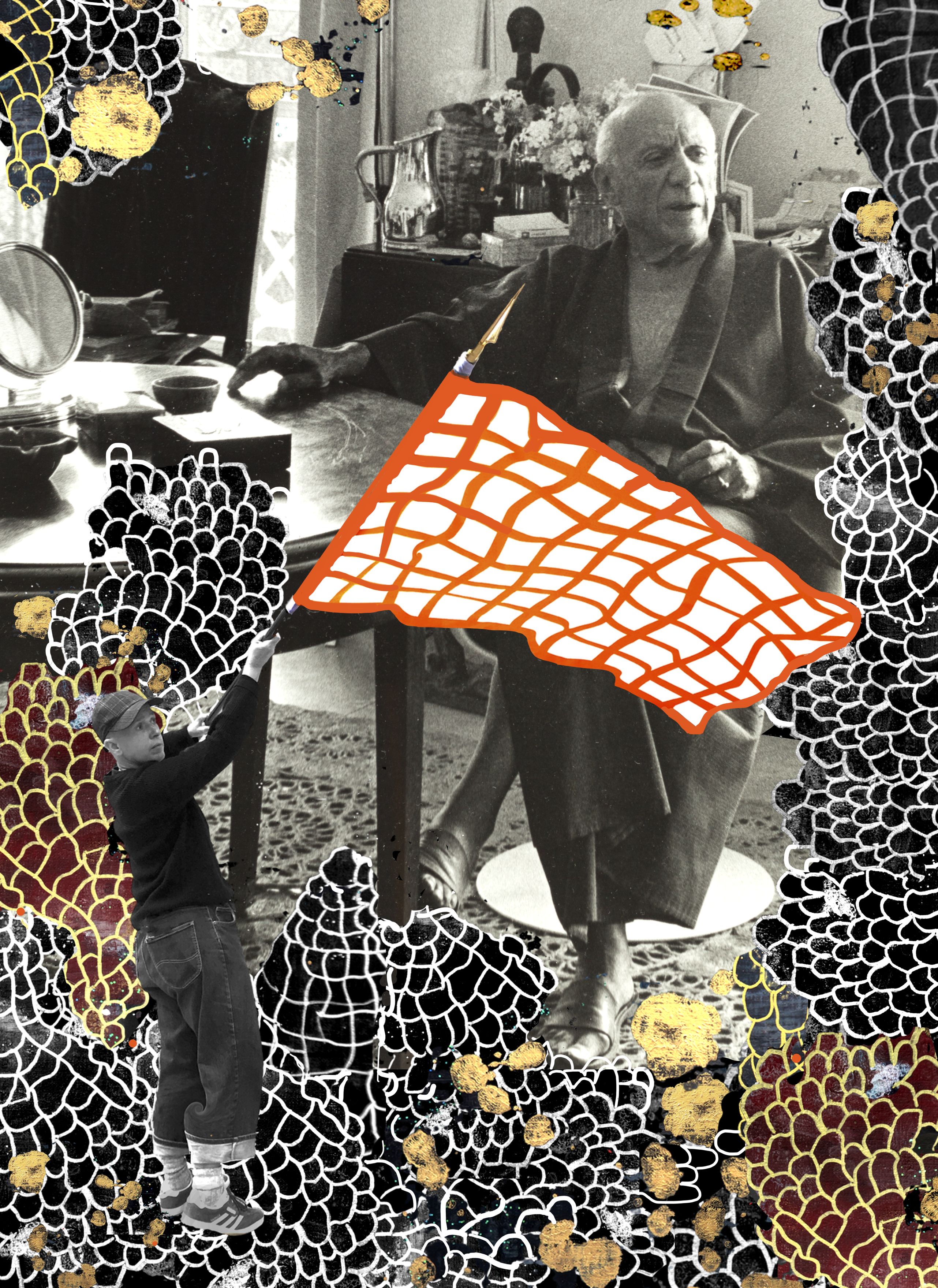 Imatge reelaborada per Hélène Delprat a partir de la fotografia de Lucien Clergue. Pablo Picasso a Notre-Dame-de-Vie. Mougins. Museu Picasso Barcelona. Cortesia de l’artista i de la Galeria Christophe Gaillard © Hélène Delprat, VEGAP, Barcelona, 2023