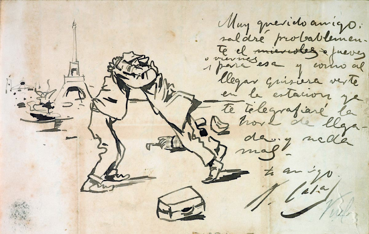 Ramon Casas. "Carta a Santiago Rusiñol, en què li anuncia la seva arribada a París". Barcelona, octubre-novembre del 1890. Dibuix a tinta sobre paper. 13,5 × 21 cm. Dibuix enganxat a l’Àlbum Rusiñol I, p. 25a; núm. inv. 32.579-1. Museu del Cau Ferrat, Sitges. Col·lecció Santiago Rusiñol, núm. inv. MCFS 283 © Arxiu Fotogràfic del Consorci del Patrimoni de Sitges