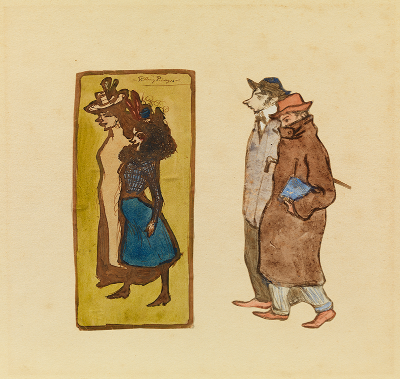  Pablo Picasso. Carles Casagemas i Picasso empaitant dues noies. París, 1900. Tinta a ploma, aquarel·la i guaix sobre paper adherit sobre cartó. 38 x 43 cm. Compra, 1995. MPB 113.003c