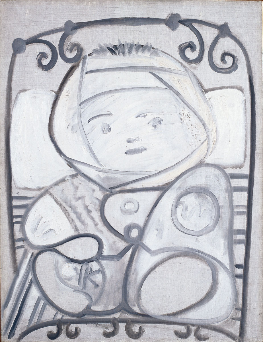 Pablo Picasso. "Nen al llit o Claude amb galteres". París, 24 de desembre de 1948. Oli sobre tela. 65 x 50 cm. Col·lecció d'Art Banc Sabadell