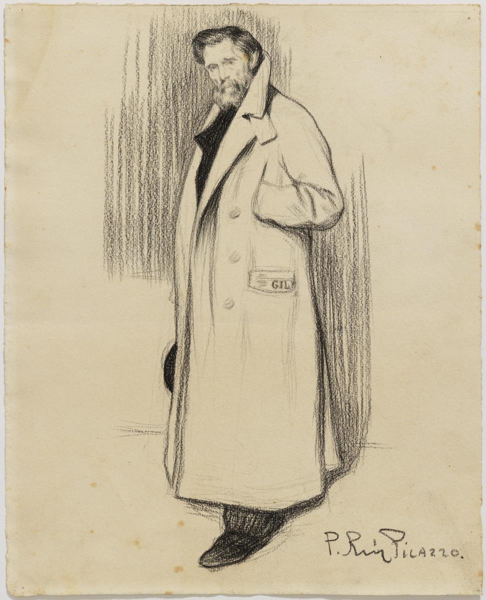 Picasso, Pablo, "El pare de l'artista", amb un exemplar de la revista "Gil Blas" a la butxaca. Dibuix. Paper Llapis negre sobre paper. Barcelona, 1899, 30.5 x 24.7 cm. Donació Pablo Picasso, 1970. MPB 110.032
