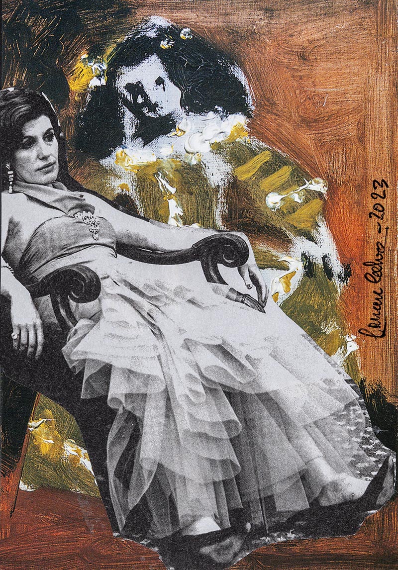 Carmen Calvo, postales de la serie El tiempo que apasiona, 2023. Técnica mixta, postal, collage. Colección del artista @ Carmen Calvo, VEGAP, Madrid, 2023