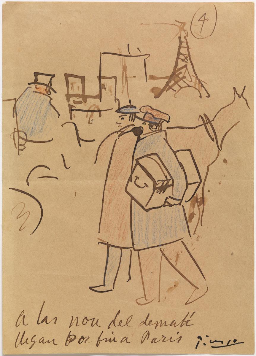 Pablo Picasso. "Picasso i Sebastià Junyer i Vidal arriben a París". París, 1904. Tinta a ploma i llapis de colors sobre paper. 22 cm x 16 cm. MPB 70.806. Donació Sebastià Junyer Vidal, 1966