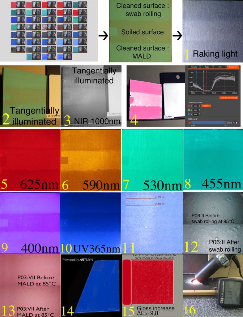 ) Estudi comparatiu visual de l’acció de neteja mitjançant 16 tècniques d’anàlisi diferents de mostres seleccionades.